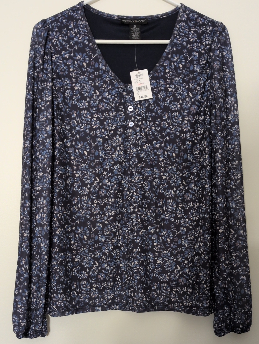 Preswick and Moore NWT Black Blue and White Floral Blouse Lined Body Size M
